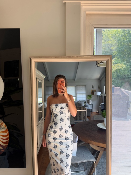Mable Dresses & Skirts - Strapless White Maxi Dress with Blue Floral Print